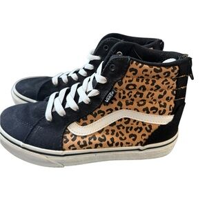 Vans Black and Leopard Print Girls Jr High-Top Sneakers, sz 3-3.5, zip back